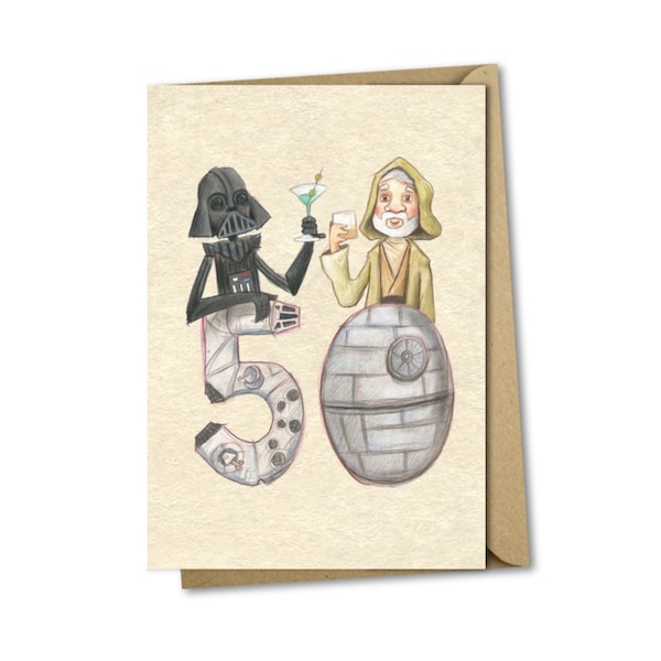 50th birthday card - Star Wars fan Darth Vadar Obi Wan Kenobi 30 60 years old movie geek funny humour illustration cute middle age number
