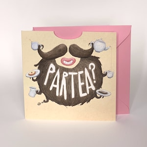 PARTEA ? - carte portable tea party barbe bizarre barbu poils du visage moustache après-midi gâteau au café biscuits fabriqués au Royaume-Uni papier recyclé eco