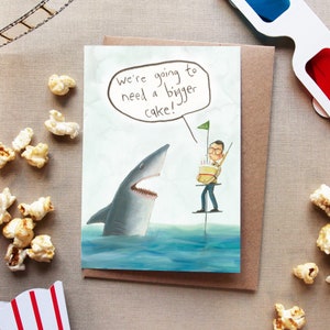 Carte de voeux de mâchoires | gâteau d'anniversaire | Requin Brody Spielberg | humour drôle | films films | cadeaux pour lui | Horreur des années 80 | fabriqué au Royaume-Uni | éco