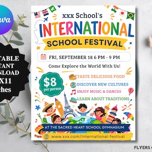 Könnte beinhalten: Ein farbenfrohes Plakat für ein Internationales Schulfestival mit dem Text "International School Festival" in verschiedenen Farben. Das Plakat enthält Datum, Uhrzeit und Aktivitäten. Die Größe beträgt 21,59 cm x 27,94 cm.
