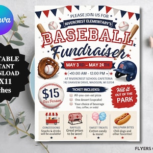 May include: A baseball fundraiser flyer in red, white, and blue. The design features baseball bats, a glove, and a helmet, with the words "Baseball Fundraiser." The flyer also states "Editable Instant Download 8.5x11 Inches."