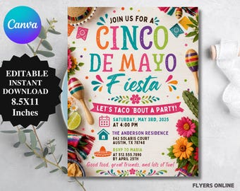 Cinco De Mayo Fiesta-verjaardagsuitnodiging, bewerkbare canva-sjabloon (digitale download)