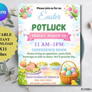 May include: An Easter potluck flyer with the text "Easter Potluck" and event details. The flyer includes illustrations of Easter eggs, flowers, and food items. The flyer is 21.59 x 27.94 cm and is an editable instant download.
