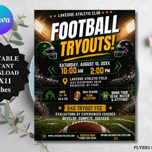 May include: A promotional flyer for Lakeside Athletic Club's football tryouts, with a football and helmets. The flyer includes the text "FOOTBALL TRYOUTS!" and details for the event, including the date, time, and location. The flyer is 21.59 x 27.94 cm.