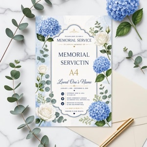 May include: A memorial service invitation card featuring blue hydrangea and white rose illustrations, with text reading "MEMORIAL SERVICE", "IN LOVING MEMORY OF", "MEMORIAL SERVICTIN", "A4", "Loved One's Name", and placeholder date, time, and location details.