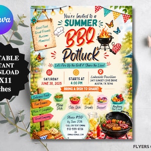 Könnte beinhalten: Eine farbenfrohe 21,59 x 27,94 cm BBQ-Potluck-Einladung mit dem Text "You're Invited to a Summer BBQ Potluck". Das Design umfasst einen Grill, Essensillustrationen und Veranstaltungsdetails. Sofortiger Download.
