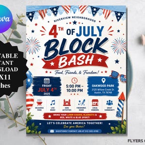 May include: A patriotic flyer for a 4th of July Block Bash, featuring red, white, and blue colors. The flyer includes event details, such as the date, time, and location, with icons for food, music, and fireworks. The flyer is 8.5x11 inches.