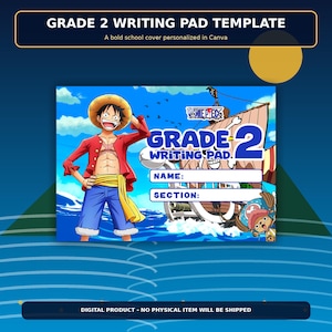Plantilla de portada para bloc de notas de One Piece para segundo grado, etiqueta editable para cuaderno escolar en Canva (descarga digital)