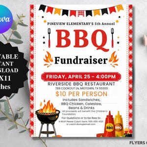 May include: A flyer for a BBQ fundraiser with the text "BBQ Fundraiser" in large red letters. The flyer includes the date, time, and location, and mentions that the event is 8.5 x 11 inches. The flyer has a red and white checkered border and BBQ graphics.