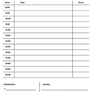 Può includere: Un pianificatore di studio giornaliero bianco con testo nero. Il titolo "DAILY STUDY PLANNER" è in alto. Include sezioni per data, focus principale, fasce orarie dalle 8:00 alle 20:00, attività e una colonna "Fatto". Ci sono anche sezioni per priorità e note.