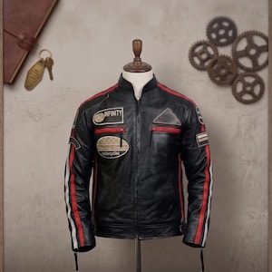 Men's Vintage Cafe Racer Leather Jacket – Black Motorcycle Biker Gear with Racing Patches