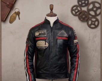 Herren Vintage Cafe Racer Lederjacke - Schwarze Motorrad-Biker-Ausrüstung mit Racing Patches
