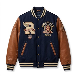 Pode incluir: Um casaco universitário azul-marinho com mangas de couro castanho, apresentando uma letra R grande com uma asa, um emblema de escudo com o texto EST 1988 e um brasão bordado com o texto ATHLETIC CLUB LUXURY PARIS. Possui acabamentos canelados.