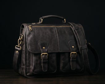Distressed Full Grain Leather Messenger Bag: 15" Laptop Satchel, Crossbody Briefcase