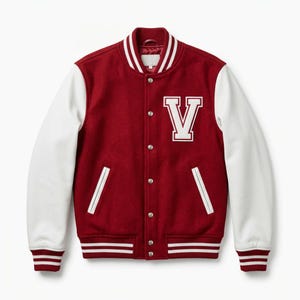 Men's Red Wool Varsity Jacket, White Leather Sleeves, Embroidered Patches, Streetwear Bomber