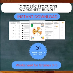 Puede incluir: Un paquete de hojas de trabajo de fracciones para los grados 3-5, con el texto "Fantastic Fractions Worksheet Bundle" y "Instant Download". Las hojas de trabajo incluyen temas como "All About Fractions" y "Fraction Subtraction". La imagen también indica "20 Worksheets Included".