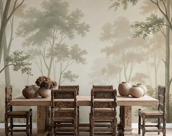 Vintage Forest Peel and Stick Wallpaper, Muted Green and Beige Woodland Wall Mural