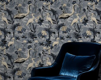 Heron Chinoiserie Wallpaper, Tropical Egret Bird Mural, Moody Grey Botanical Wall