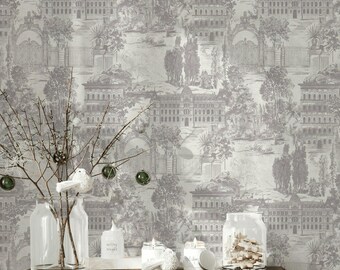 Vintage French Toile Wall Mural: European Landscape Peel and Stick Wallpaper