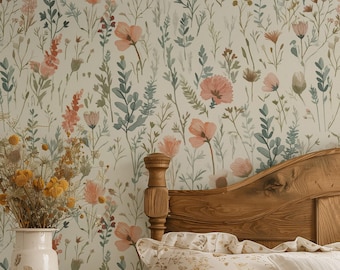Soft Wildflower Wallpaper Peel and Stick, Watercolor Botanical Mural, Blush Cream Floral Removable, Cottagecore Farmhouse Bedroom Decor