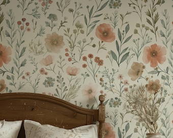 Vintage Ditsy Floral Wallpaper Peel and Stick, Neutral Botanical Wall Mural, Cottagecore Decor