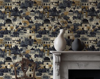 Moroccan Cityscape Wallpaper, Dark Gold Arabesque Mural, Bohemian Palace Wall