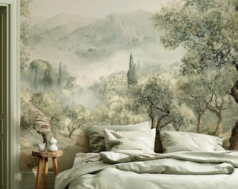 Olive Tree Landscape Peel and Stick Wallpaper, Misty Mountain Wall Mural