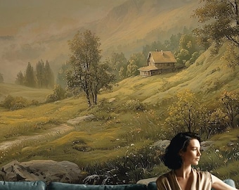 Pastoral Landscape Peel and Stick Wallpaper, Vintage Birch Tree Valley Scene, English Countryside Wall Mural