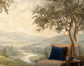 Vintage Landscape Peel and Stick Wallpaper, Rustic Wall Mural, Pastoral Removable Wallpaper, Renter Friendly Decor