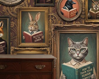 Framed Portrait Wall Mural: Quirky Reading Animal Peel and Stick Wallpaper