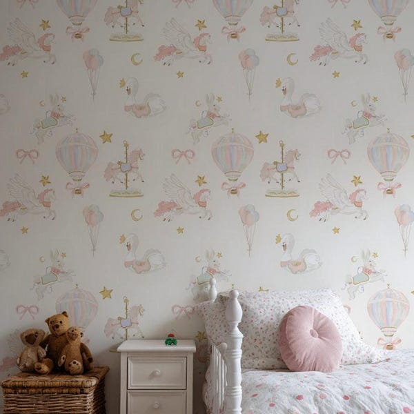 Whimsical Carousel Peel and Stick Wallpaper, Pastel Pattern Baby Room Wall Mural