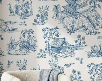 Vintage Japanese Garden Toile Wallpaper – Blue Asian Landscape Mural (Peel and Stick)