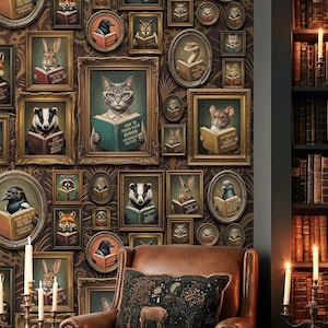 May include: A comfortable reading area with a brown leather armchair and a decorative cushion. The wall is decorated with framed portraits of animals reading books. A bookshelf and candle holders enhance the inviting atmosphere.