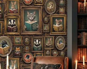 Murale da parete con ritratto incorniciato: stravagante carta da parati adesiva con animale che legge