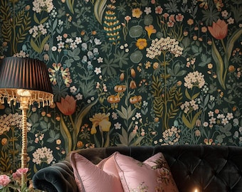 Moody Botanical Peel and Stick Wallpaper, Muted Dark Floral Wall Mural, Cottagecore Decor