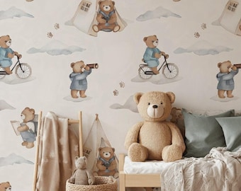 Adventure Bear Nursery Wallpaper, Watercolor Woodland Peel and Stick Wall Mural