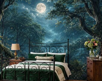 Moonlit Forest Peel and Stick Wallpaper, Enchanted Night Wall Mural, Mystical Woodland Removable Wallpaper