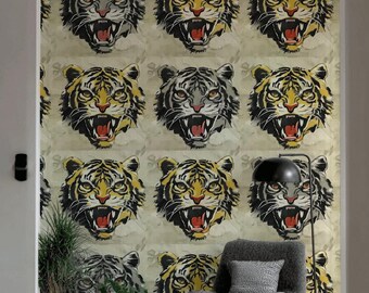 Roaring Tiger Wallpaper, Bold Animal Print Mural, Retro Pop Art Big Cat Wall, Vintage Tiger Head