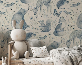 Woodland Animal Peel and Stick Wallpaper: Scandinavian Forest Nursery Wall Mural