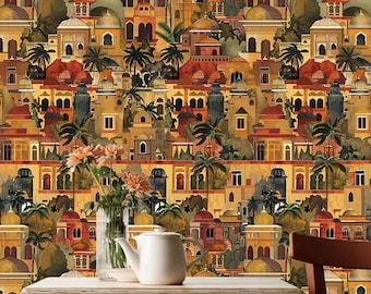 Moroccan Cityscape Peel and Stick Wallpaper, Vintage Architecture Wall Mural, Exotic Removable Wallpaper