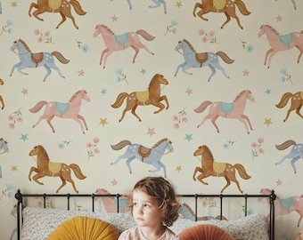 Carousel Horse Peel and Stick Wallpaper, Vintage Pastel Nursery Wall Mural