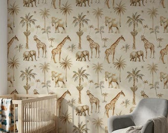 Safari Nursery Wallpaper, Watercolor Giraffe Elephant Mural, Neutral Kids Wall