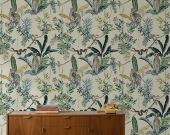 Jungle Leopard Wallpaper, Tropical Toucan Botanical Mural, Watercolor Wildlife Wall