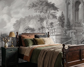 Moody architectural peel and stick wallpaper, greyscale vintage wall mural
