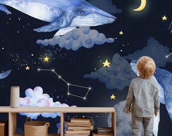 Whale Night Sky Wallpaper Mural, Constellation Cloud Nursery, Dark Blue Kids Wall