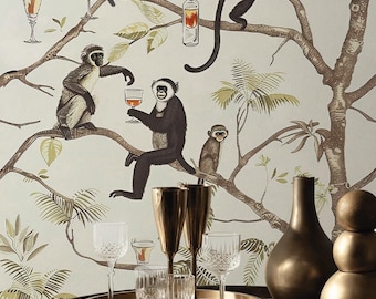 Quirky Monkey Wallpaper Mural, Cocktail Animal Wall Art