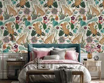 Tropical Leopard Botanical Wall Mural: Art Deco Animal Peel and Stick Wallpaper