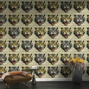 Roaring Tiger Wallpaper, Bold Animal Print Mural, Retro Pop Art Big Cat Wall, Vintage Tiger Head
