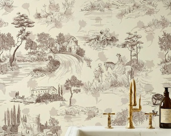 Country Landscape Wall Mural, French Toile Wallpaper, Easy Install Peel and Stick Paper