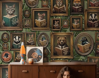Quirky Reading Animal Wall Mural, Framed Portrait Peel and Stick Wallpaper